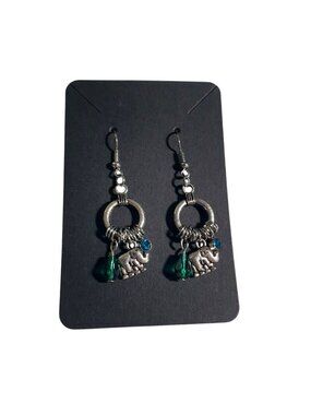 Silver Tone Elephant Earrings Green Blue Beads Lightweight Dangle Jewelry Hook